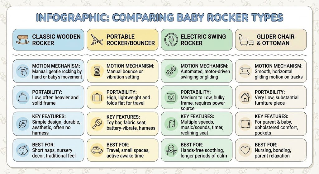 Top 10 Best Baby Rocking Chairs in India 2026: The Ultimate Buying Guide 3 Visual comparison of manual, electric, bouncer, swing, and multi-function baby rockers