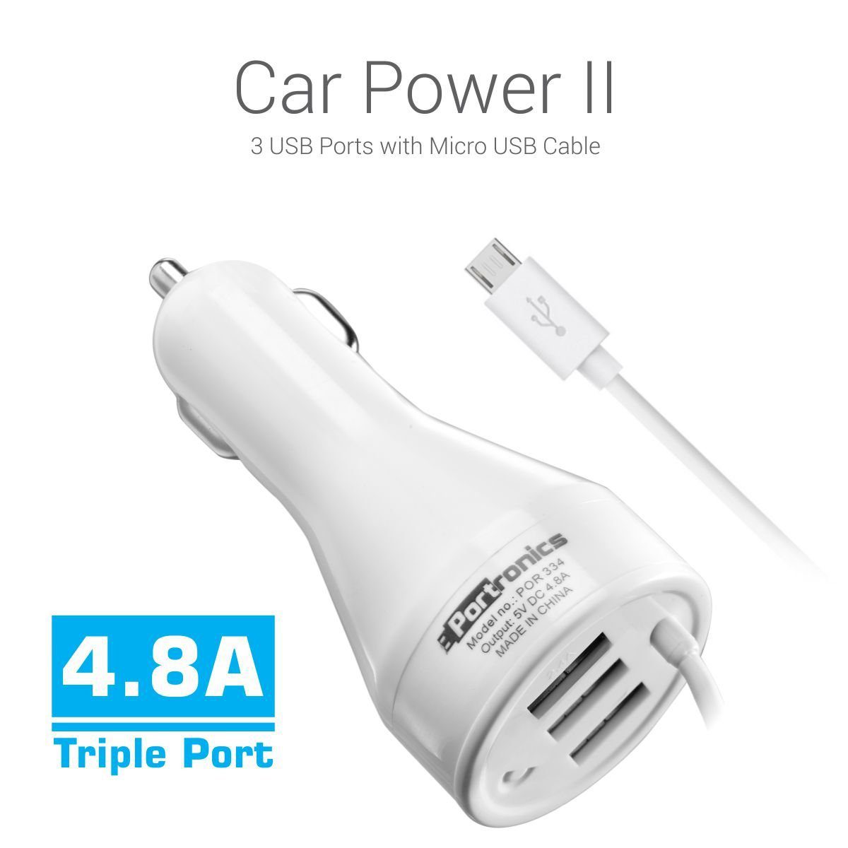 Portronics car power 2 3usb port with micro usb cable-white