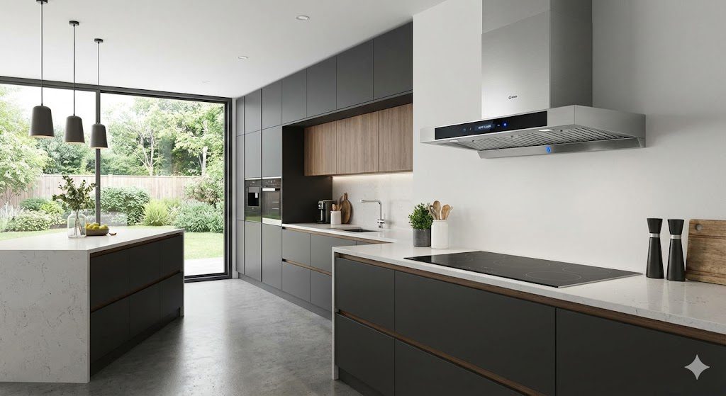 Auto clean chimney installed in an Indian modular kitchen with LED lighting