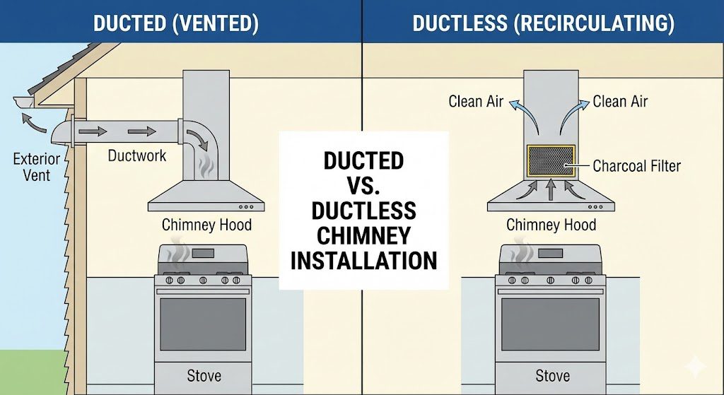 Comparison diagram of ducted and ductless kitchen chimney installation methods