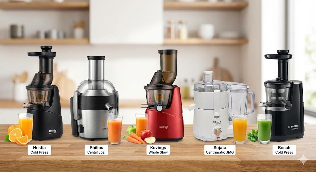 Comparison of top 5 best juicers in India including Hestia, Philips, Kuvings, Sujata, and Bosch models
