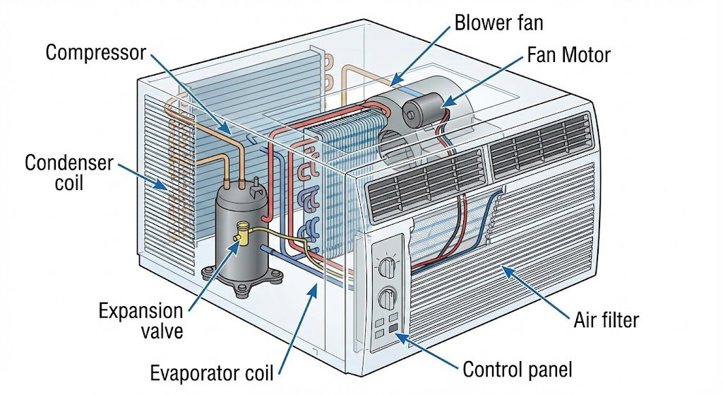 Diagram showing internal components of a window AC