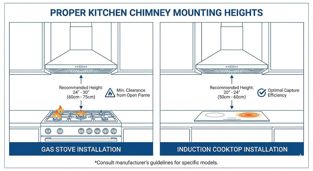 Diagram showing proper mounting height for kitchen chimney above gas stove and induction cooktop