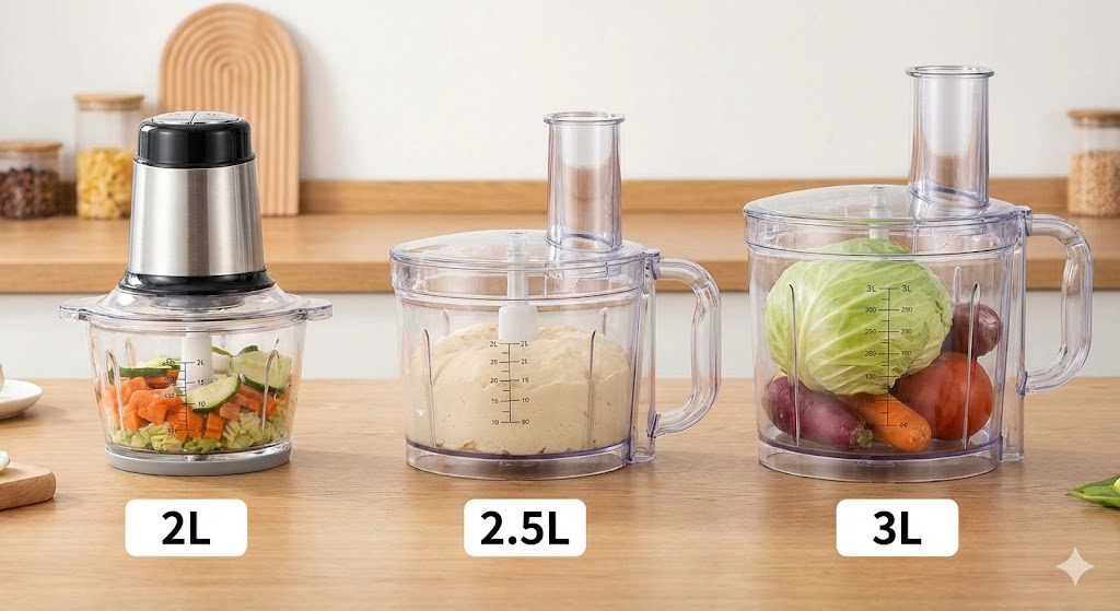 Comparison of 2-liter, 2.5-liter, and 3-liter food processor bowl sizes