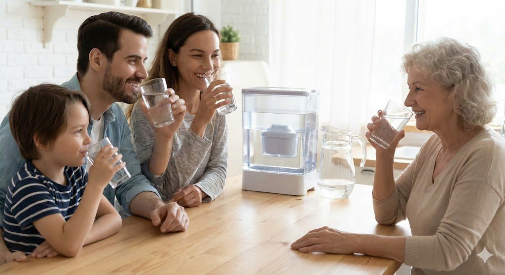 Happy Indian family drinking clean water from best water purifier in India