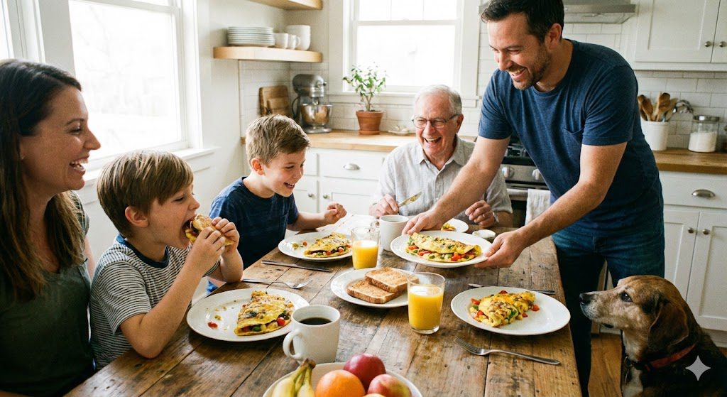 Family enjoying healthy breakfast made with electric omelette maker