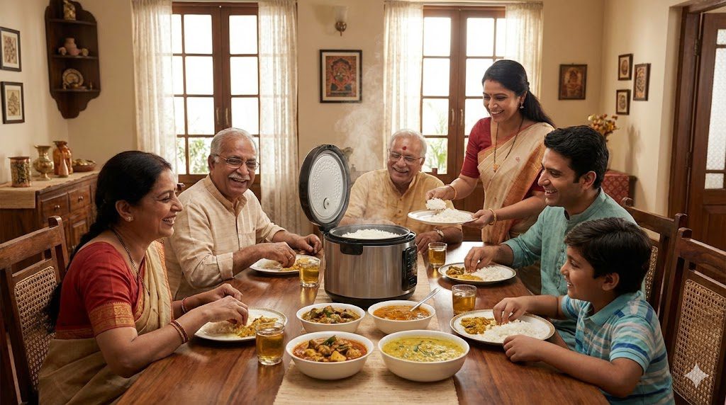 Indian family dining with rice cooked in automatic rice cooker