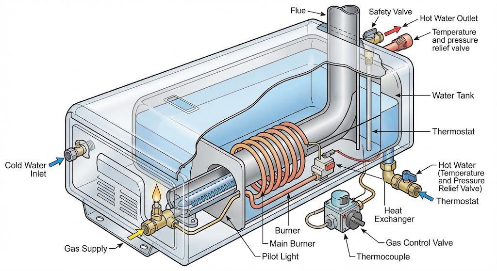 Gas geyser internal components diagram showing burner heat exchanger and water flow