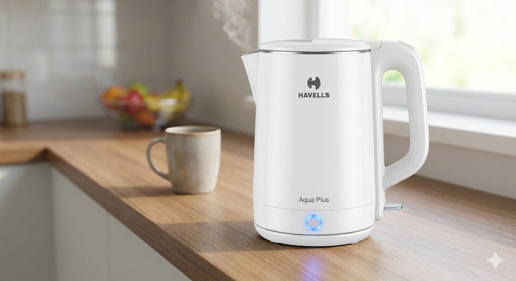 Havells Aqua Plus 1.2L double-wall electric kettle with cool-touch body
