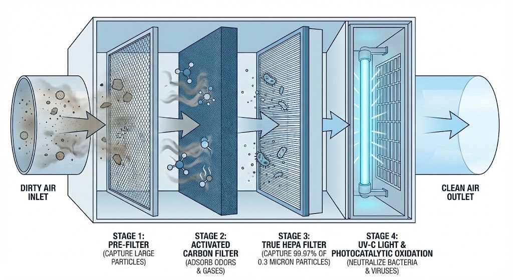 How air purifiers work with HEPA and carbon filters diagram
