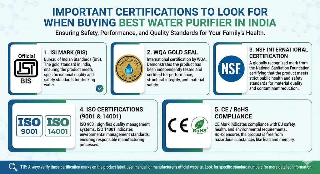 Important certifications to look for when buying best water purifier in India