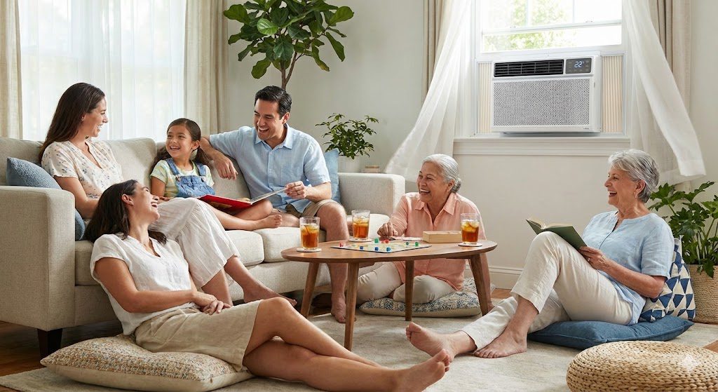 Indian family enjoying comfortable cooling from their 1.5 ton window air conditioner
