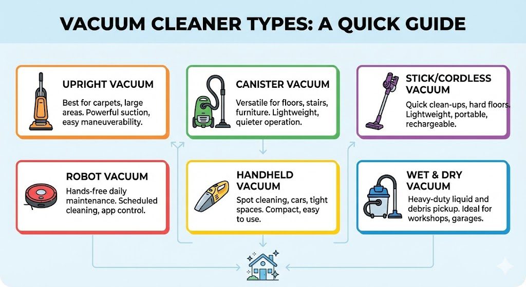  Infographic showing different types of vacuum cleaners