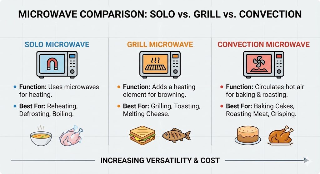 Infographic showing solo vs grill vs convection comparison