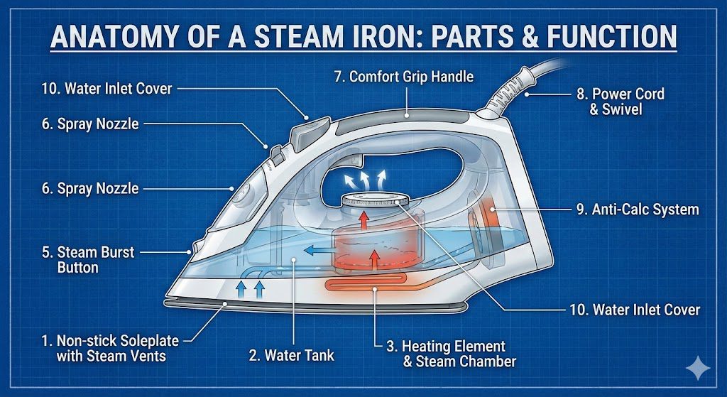 Steam iron anatomy - water tank, soleplate, steam vents, and controls explained
