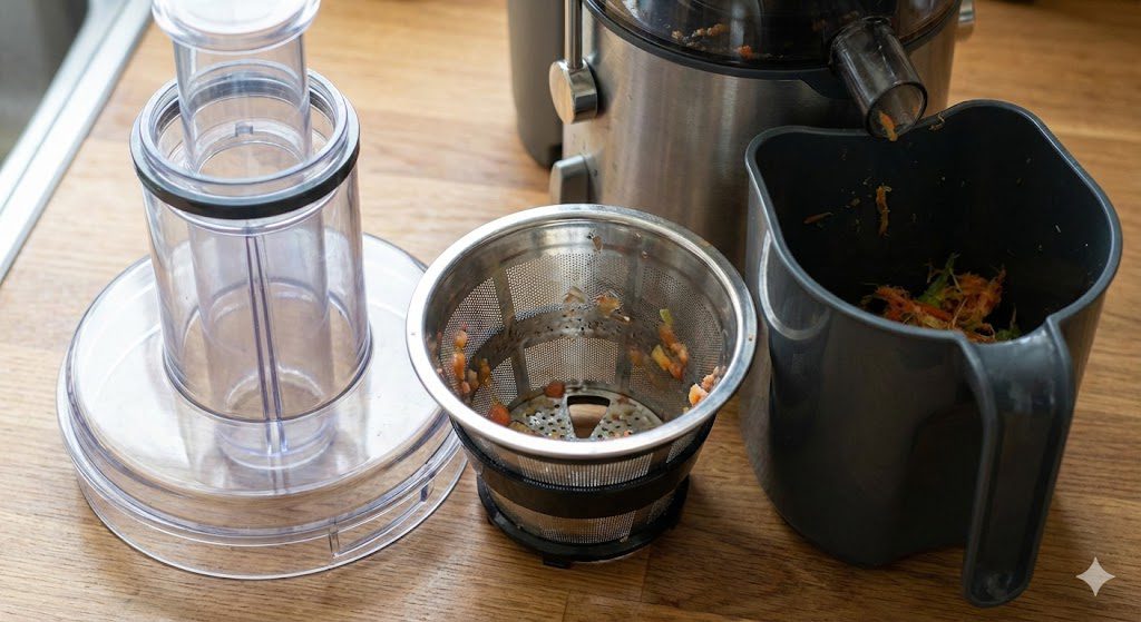 Key components of a juicer including feed chute and extraction mechanism