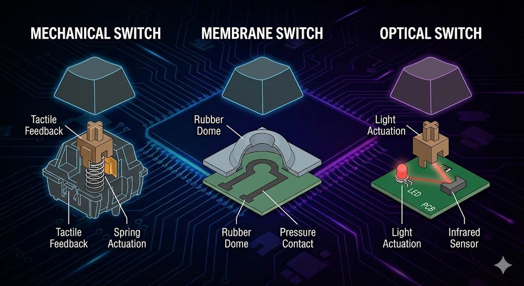 Mechanical vs membrane vs optical keyboard switches comparison diagram