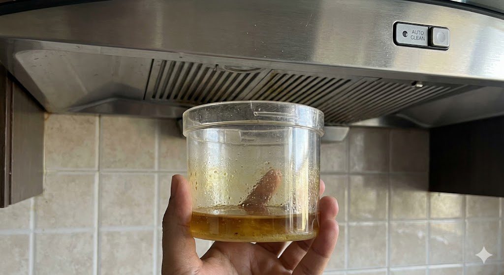 Oil collector cup filled with extracted cooking oil from auto clean chimney