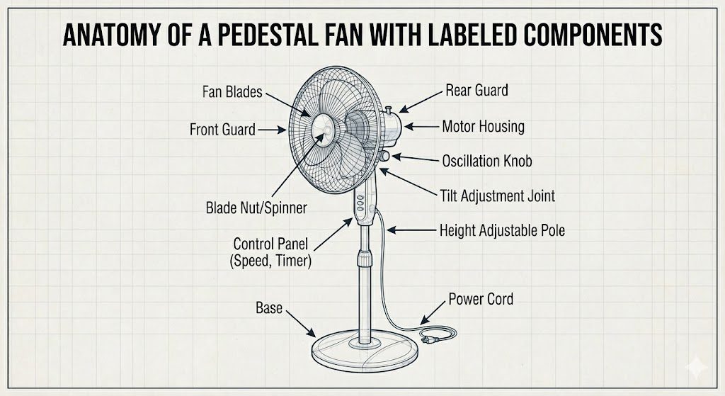 Parts of a pedestal fan showing motor, blades, guard, stand, and base