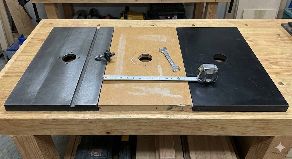 Router table top material comparison showing MDF, aluminum, cast iron, and phenolic options
