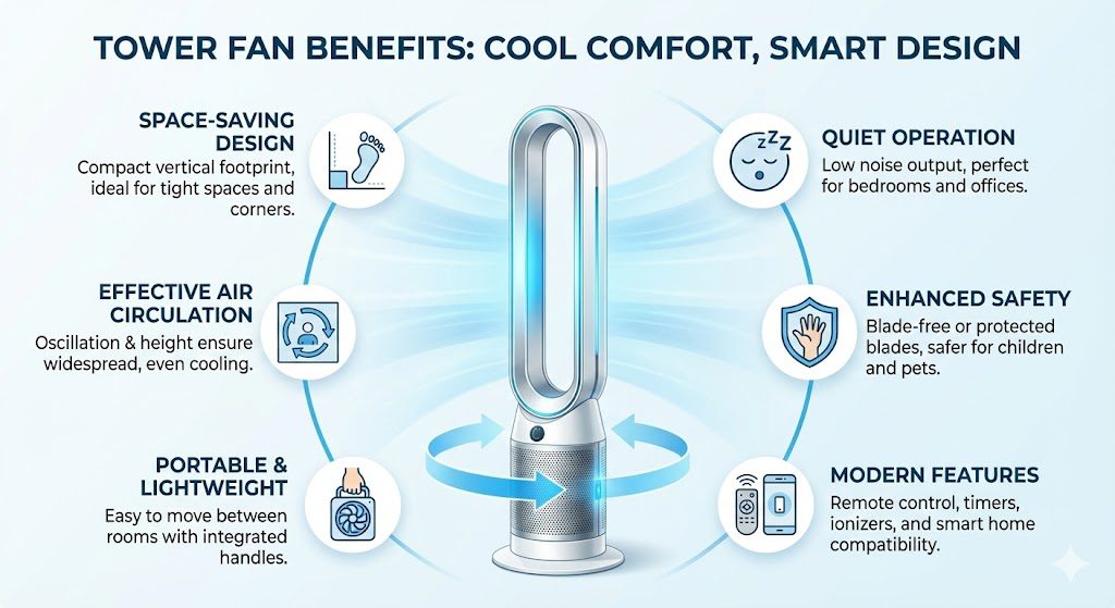 Tower fan benefits with icons