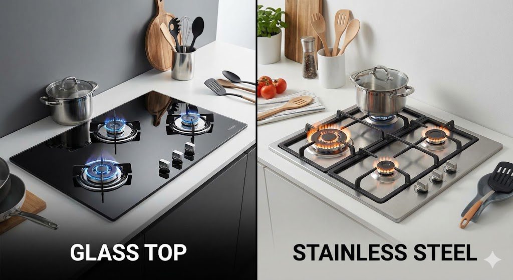 Types of gas stoves in India showing glass top and stainless steel variants