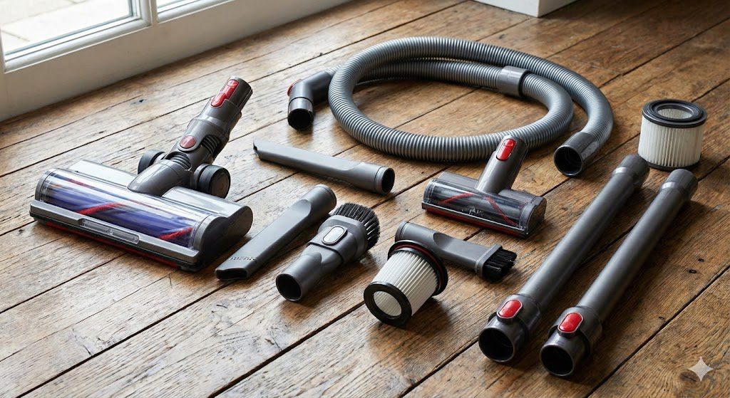 Vacuum cleaner attachments and accessories laid out