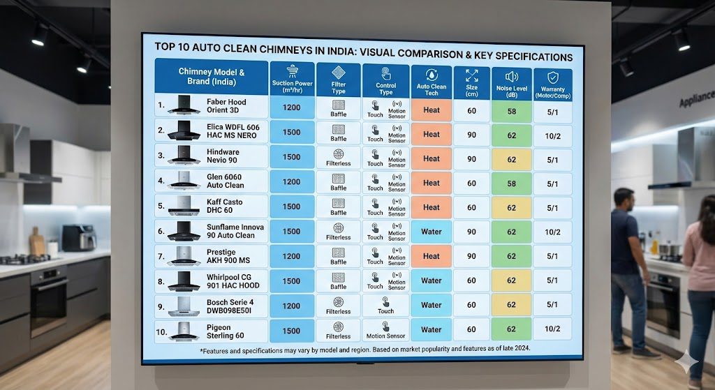 Visual comparison chart showing top 10 auto clean chimneys in India with key specifications