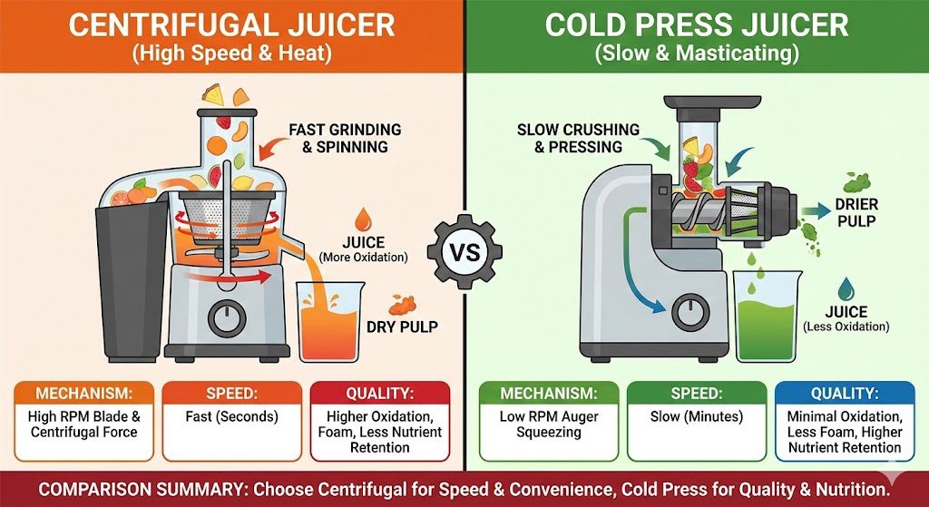 Visual comparison of how centrifugal and cold press juicers extract juice