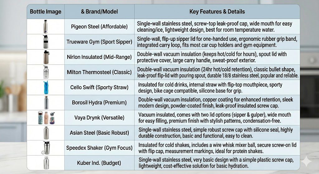 Visual comparison table of top 10 stainless steel water bottles in India showing prices, features, and ratings