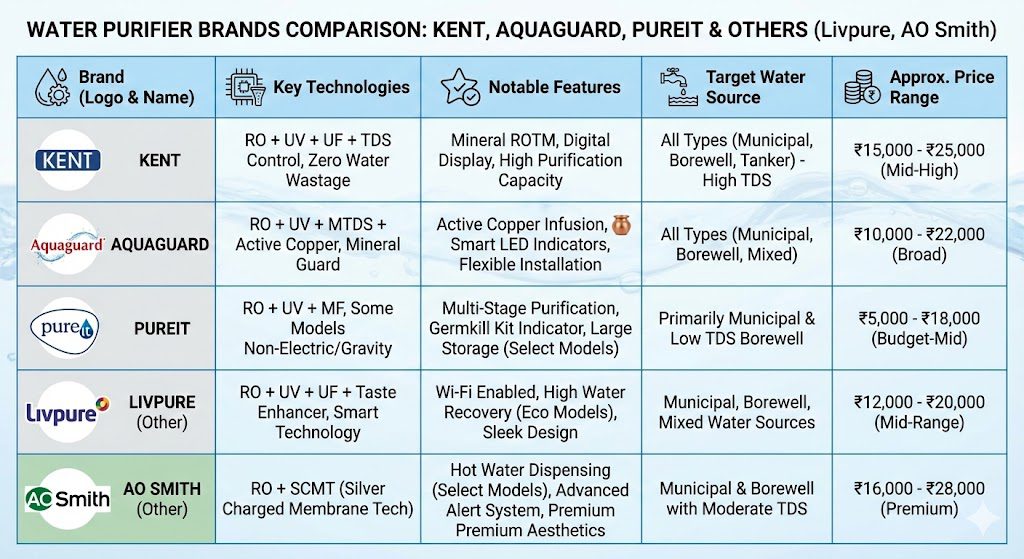 Water purifier brands comparison showing Kent Aquaguard Pureit and others