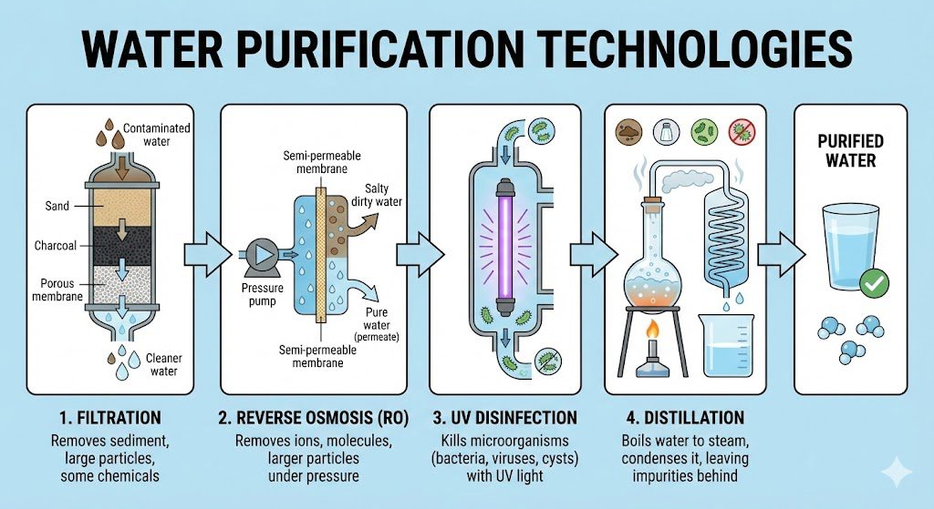 Water purifier technology comparison showing RO UV UF working mechanisms