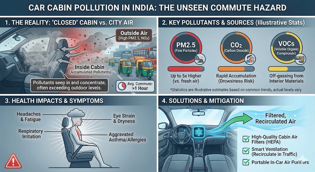 Car cabin air pollution levels in Indian cities compared to outdoor air quality