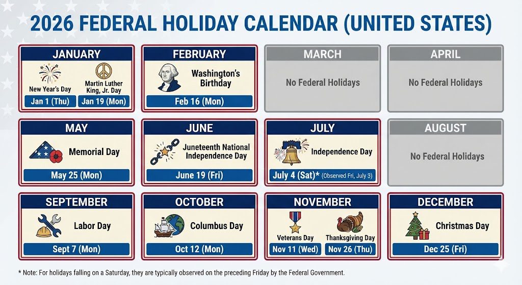 Complete 2026 federal holiday calendar showing all 11 government holidays with dates and observance information